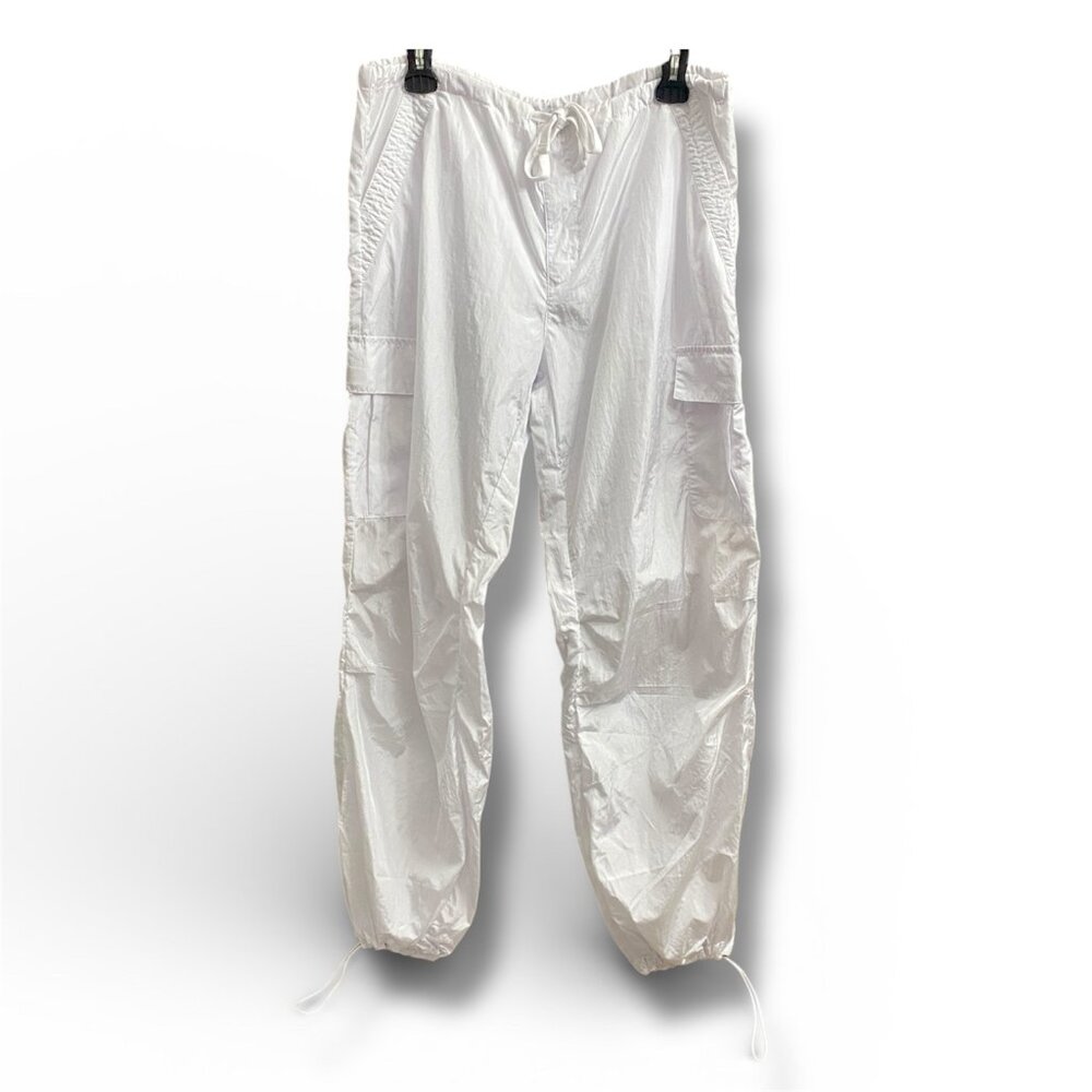 Y2K White Parachute Cargo Pants Drawstring Wide Leg Streetwear M